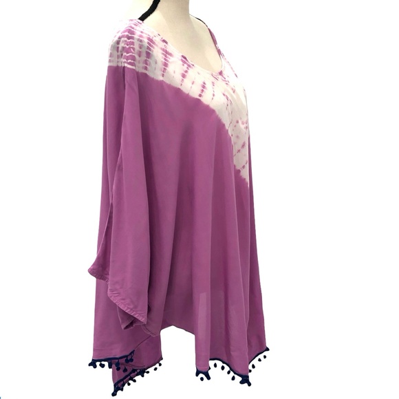 GYPSY 05 SAND PINK/WHITE TIE DYE COVERUP W BLUE POMPOMS - Picture 3 of 13
